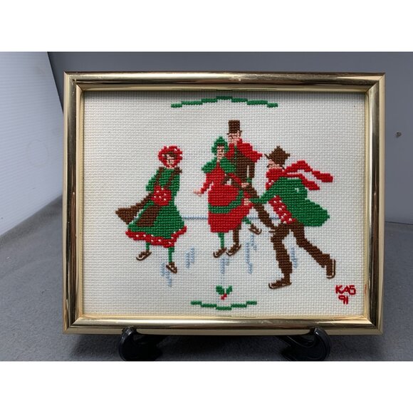 Vintage Framed Cross-Stitch Victorian Ice Skating Scene Signed KAB 1991 - Picture 1 of 9